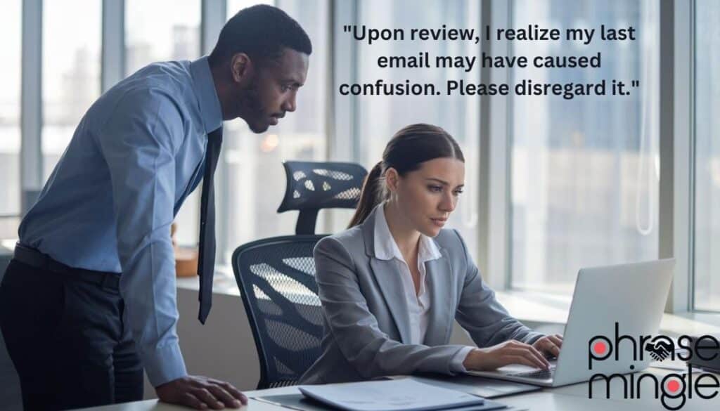 Phrase "Upon review, I realize my last email may have caused confusion. Please disregard it."